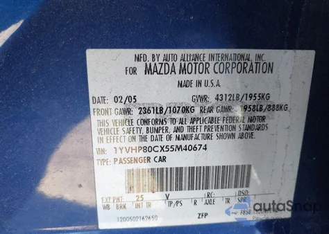 2005 Mazda Mazda6 I Sport из США, поврежденный, VIN 1YVHP80CX55M40674